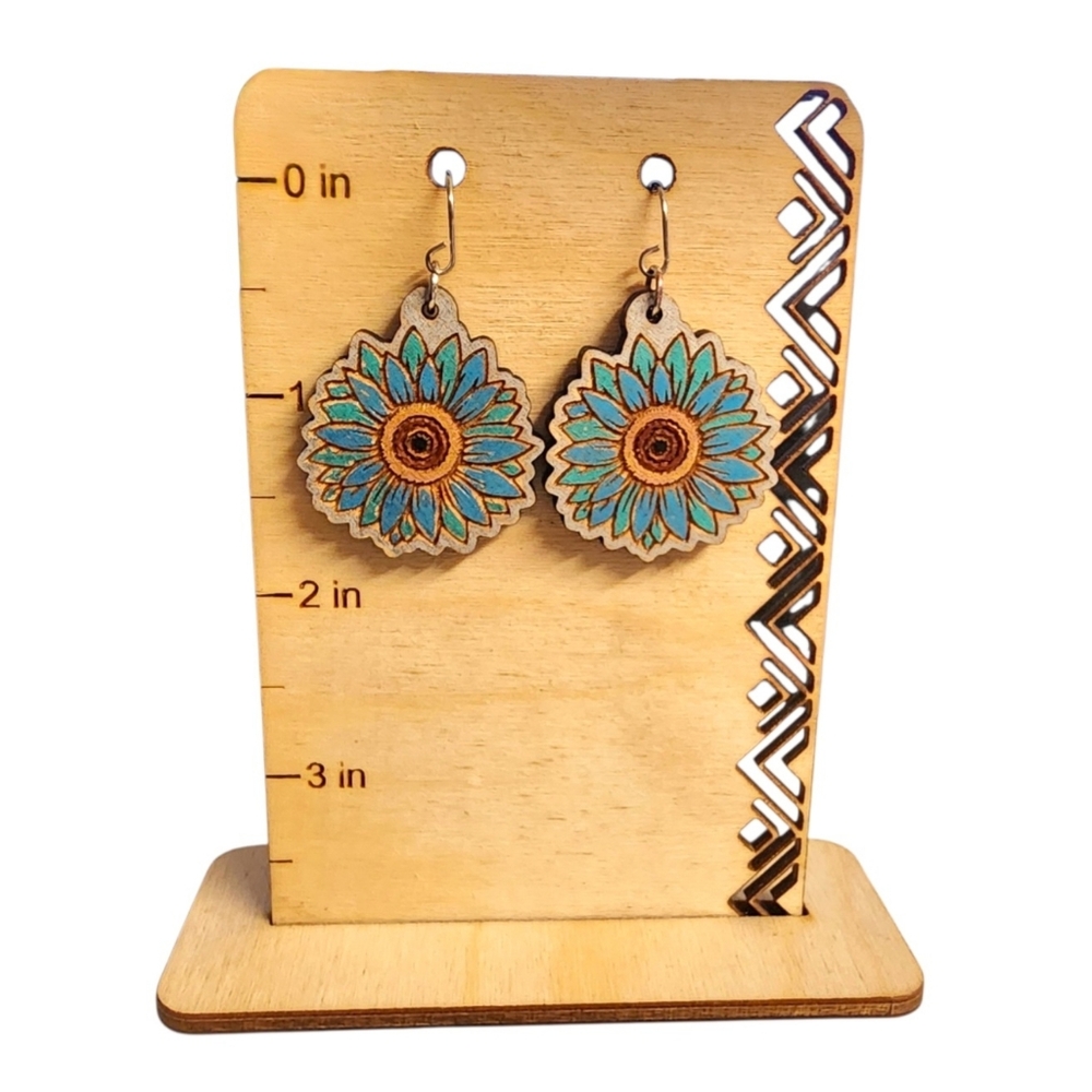 Azure Sunburst Petals Wood Drop Earrings - Picture 2 of 3